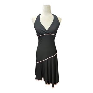 Y2K Halter Asymmetrical Black Midi Dress Pink Ribbon Trim Taboo